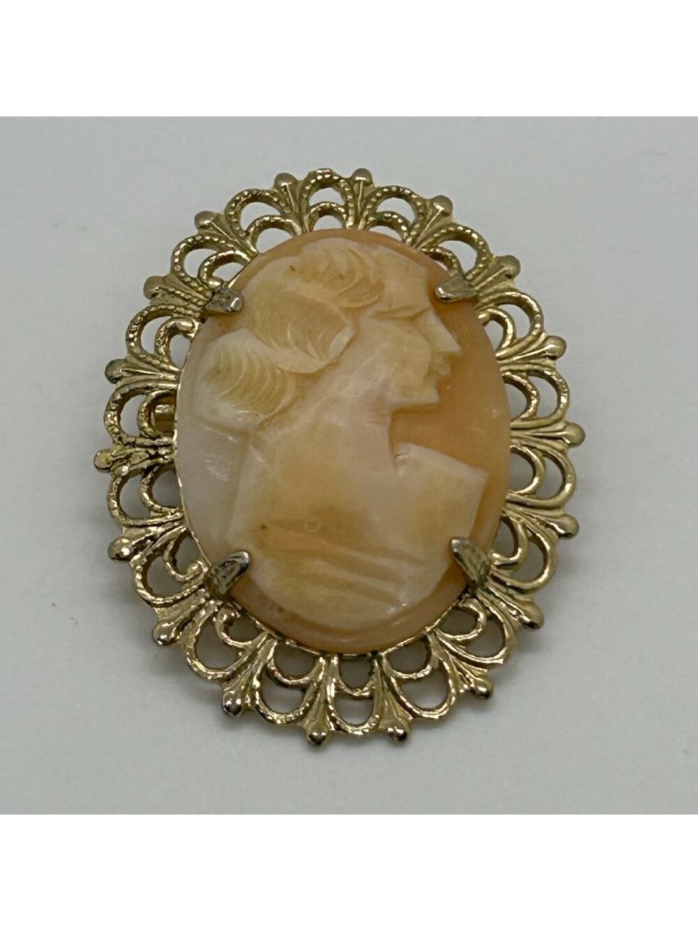 Coro Carved Shell Cameo Brooch Gold-Tone Oval 1950s Bridal Vintage